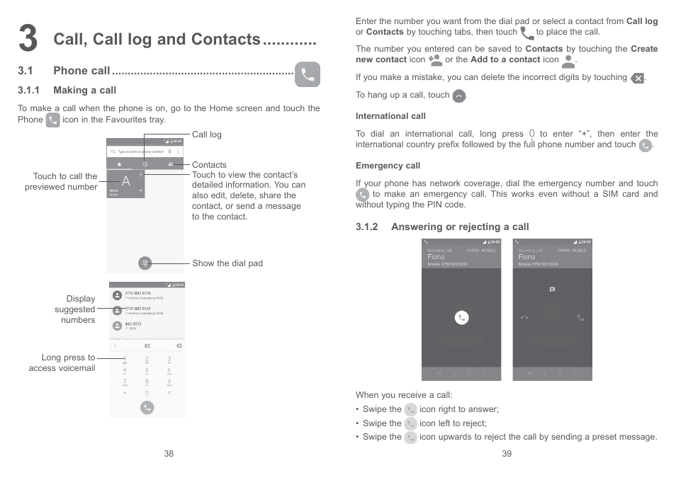3 call, call log and contacts, 1 phone call, 3 call, call log and contacts | Call, call log and contacts | Alcatel Pixi 4 4034 D User Manual | Page 21 / 61