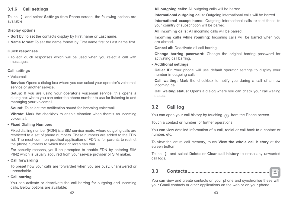 2 call log, 3 contacts, 2 call log 3.3 contacts | Alcatel Pixi 4 4034 D User Manual | Page 23 / 61