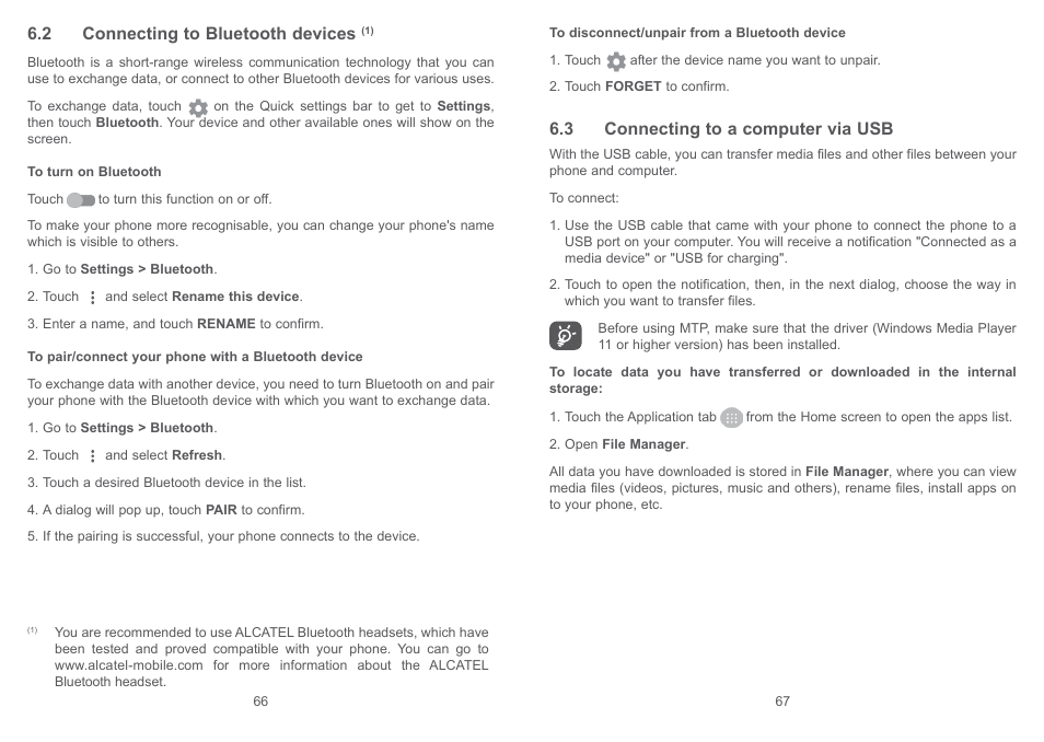 2 connecting to bluetooth devices, 3 connecting to a computer via usb | Alcatel Pixi 4 4034 D User Manual | Page 35 / 61