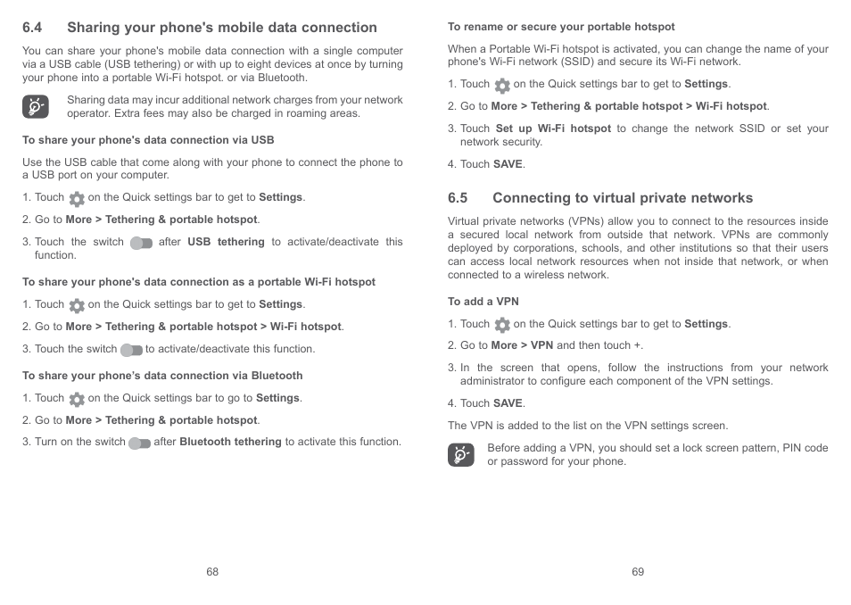 4 sharing your phone's mobile data connection, 5 connecting to virtual private networks | Alcatel Pixi 4 4034 D User Manual | Page 36 / 61