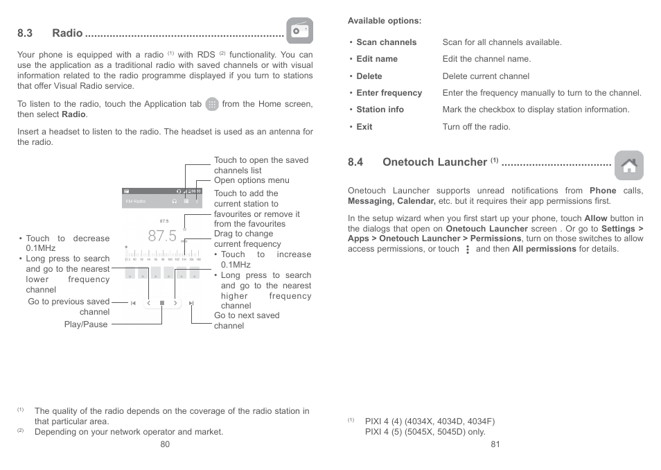3 radio, 4 onetouch launcher, 3 radio 8.4 onetouch launcher | Alcatel Pixi 4 4034 D User Manual | Page 42 / 61