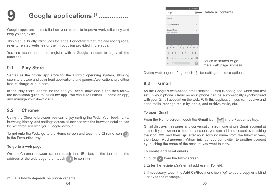9 google applications, 1 play store, 2 chrome | 3 gmail, 1 play store 9.2 chrome 9.3 gmail, Google applications | Alcatel Pixi 4 4034 D User Manual | Page 44 / 61