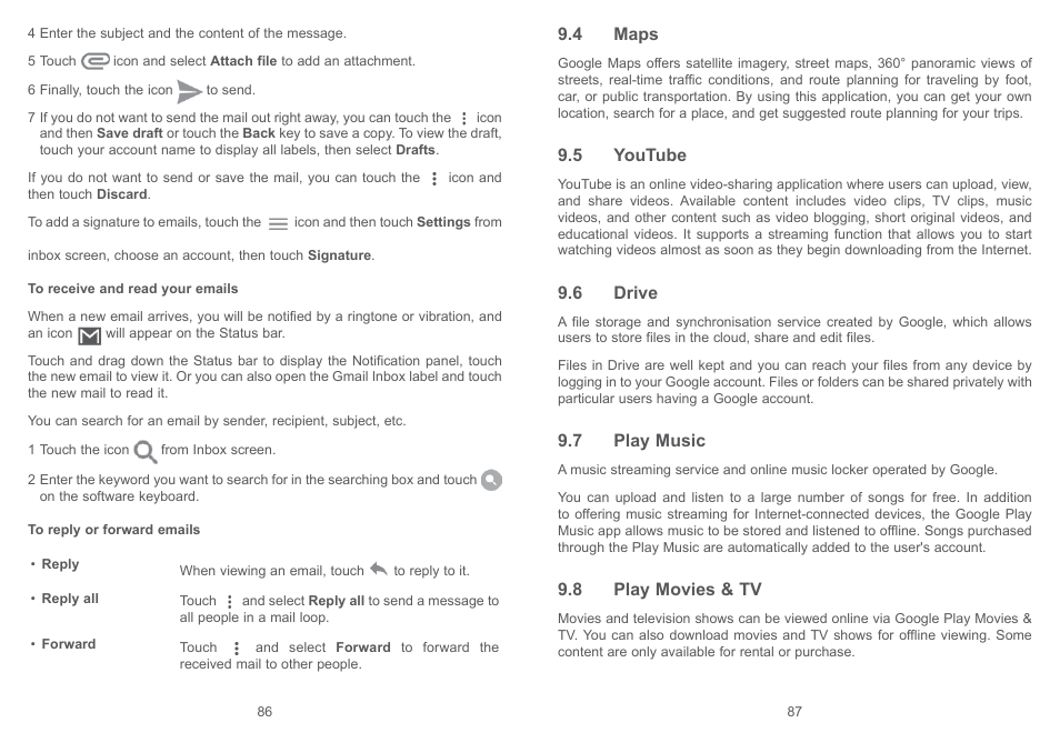 4 maps, 5 youtube, 6 drive | 7 play music, 8 play movies & tv | Alcatel Pixi 4 4034 D User Manual | Page 45 / 61