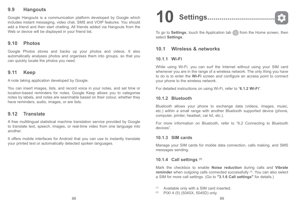 9 hangouts, 10 photos, 11 keep | 12 translate, 10 settings, 1 wireless & networks, 9 hangouts 9.10 photos 9.11 keep 9.12 translate, Settings | Alcatel Pixi 4 4034 D User Manual | Page 46 / 61