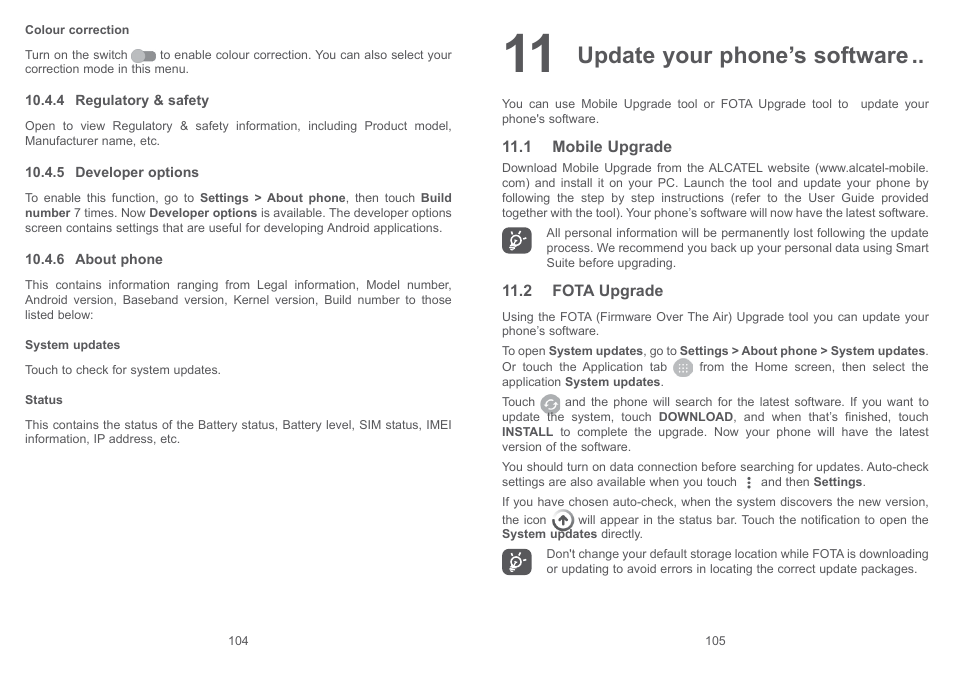 11 update your phone’s software, 1 mobile upgrade, 2 fota upgrade | 1 mobile upgrade 11.2 fota upgrade, Update your phone’s software | Alcatel Pixi 4 4034 D User Manual | Page 54 / 61
