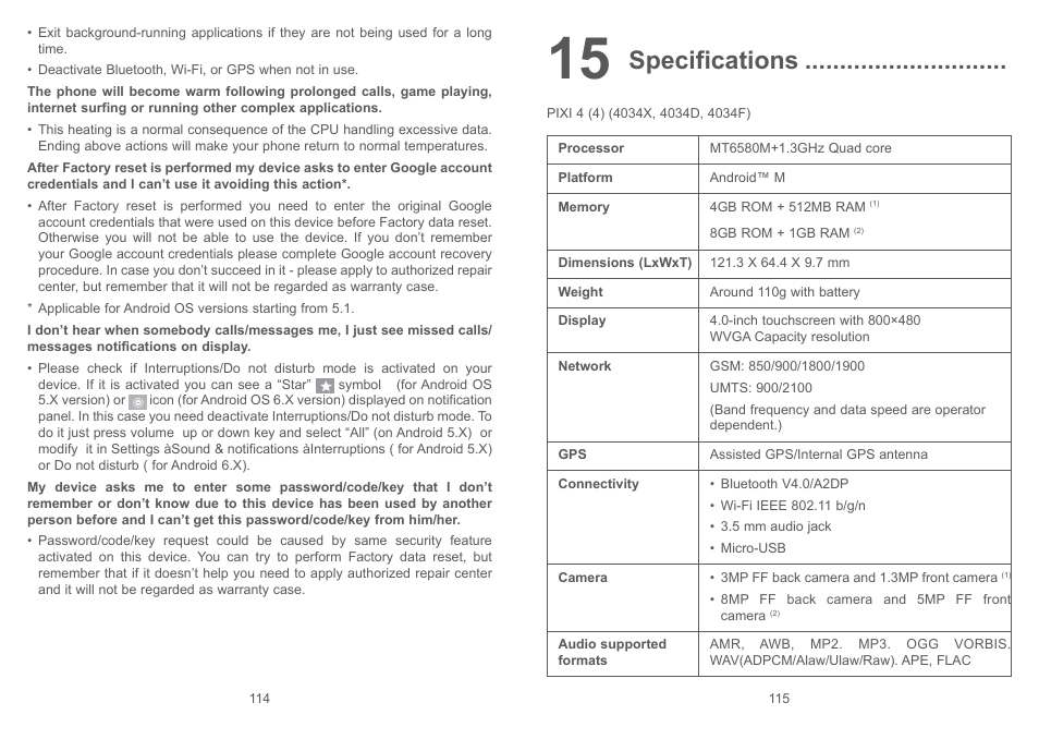 15 specifications, Specifications | Alcatel Pixi 4 4034 D User Manual | Page 59 / 61