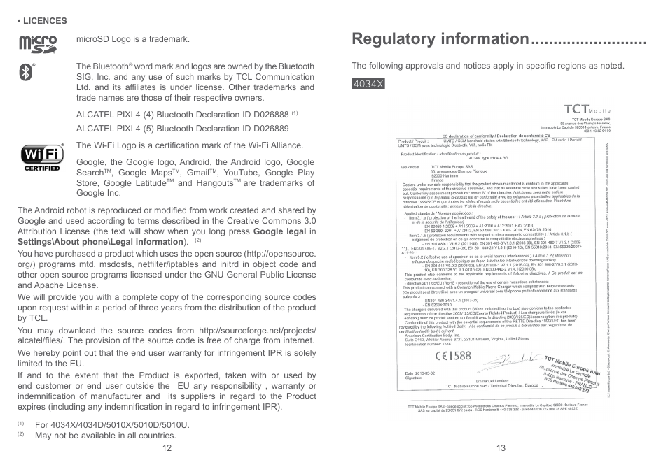Regulatory information | Alcatel Pixi 4 4034 D User Manual | Page 8 / 61