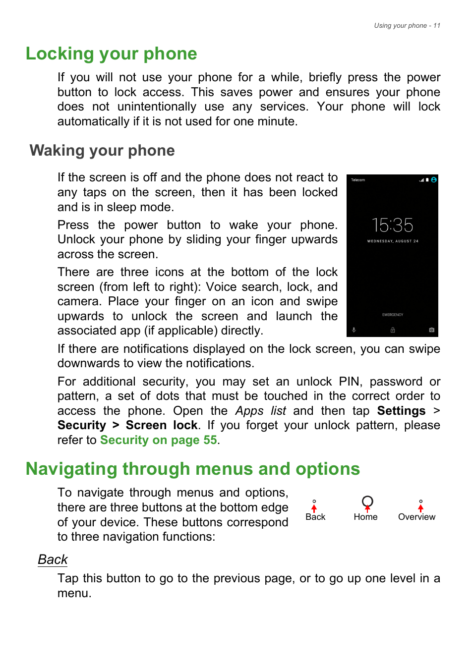 Locking your phone, Waking your phone, Navigating through menus and options | Navigating through menus and options . 11 | Acer Liquid Z6 User Manual | Page 11 / 66