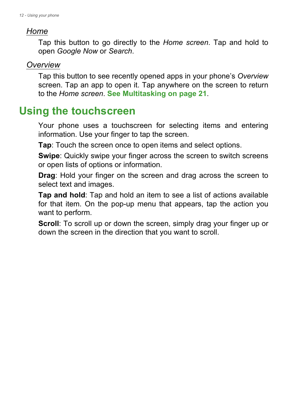 Using the touchscreen | Acer Liquid Z6 User Manual | Page 12 / 66