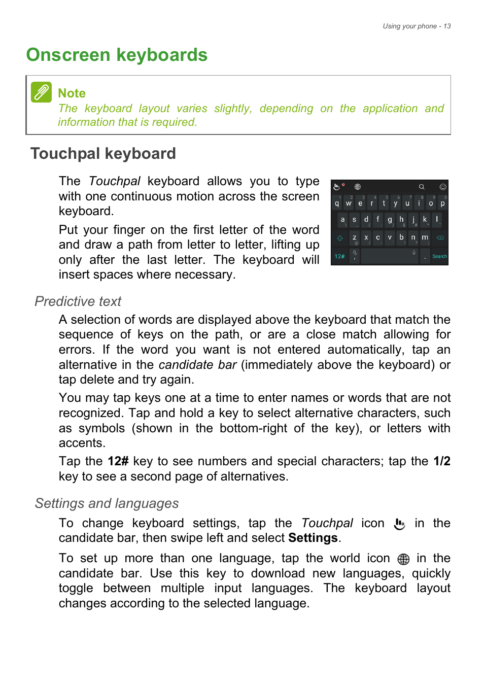 Onscreen keyboards, Touchpal keyboard | Acer Liquid Z6 User Manual | Page 13 / 66