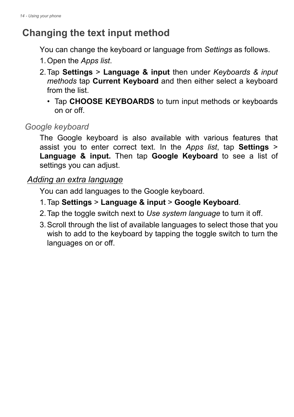 Changing the text input method | Acer Liquid Z6 User Manual | Page 14 / 66