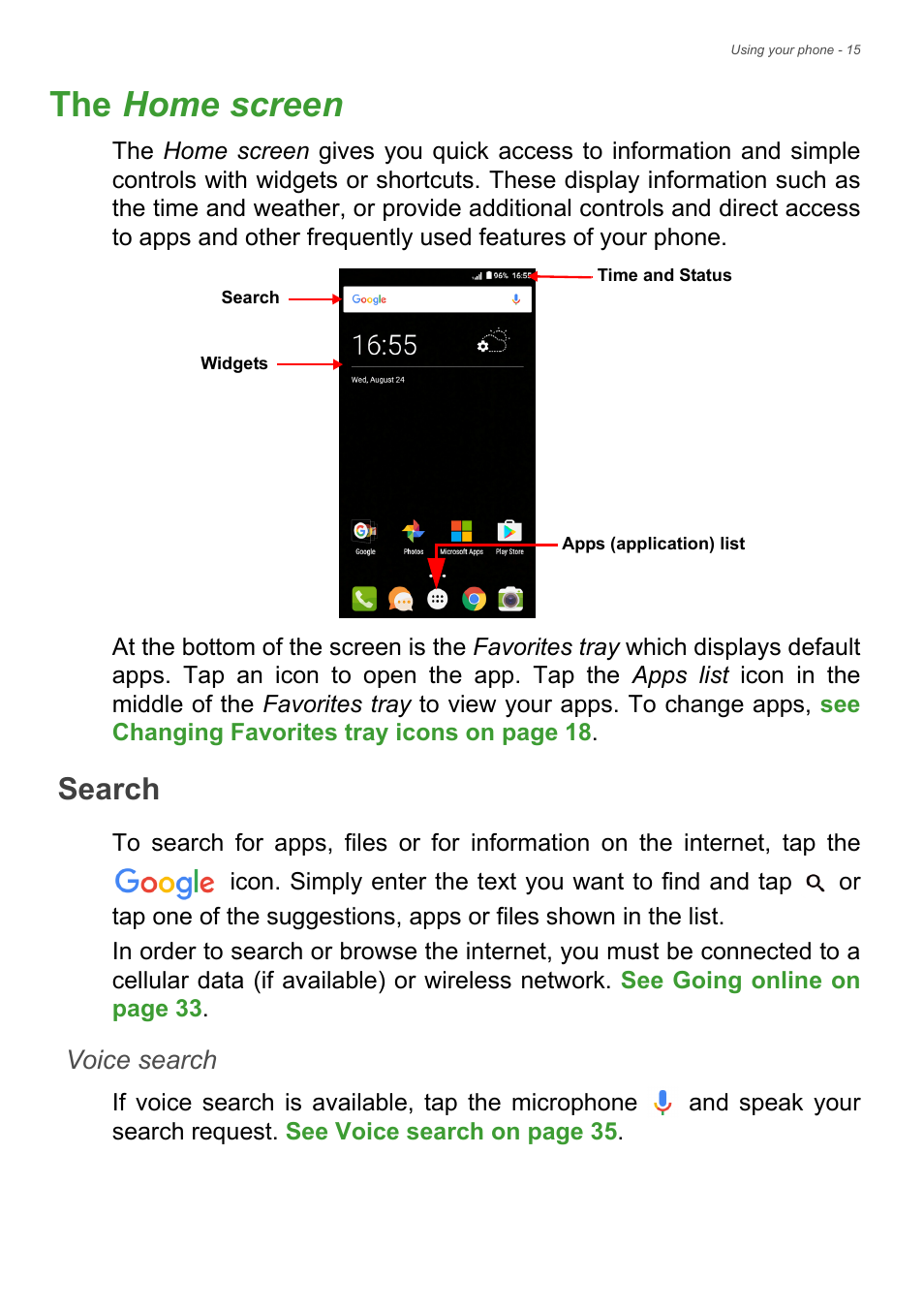 The home screen, Search, Voice search | Acer Liquid Z6 User Manual | Page 15 / 66