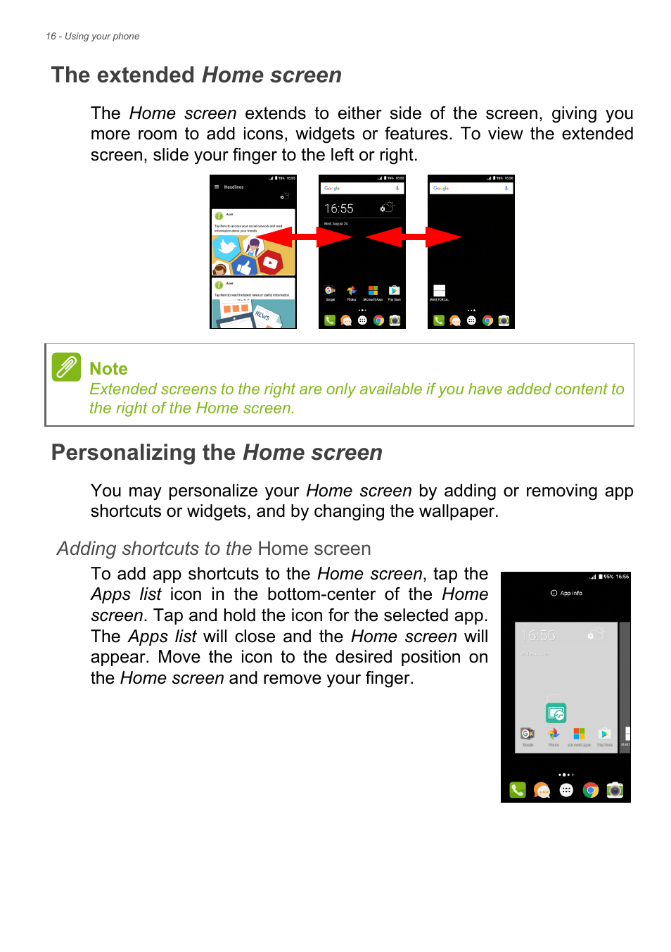 The extended home screen, Personalizing the home screen | Acer Liquid Z6 User Manual | Page 16 / 66