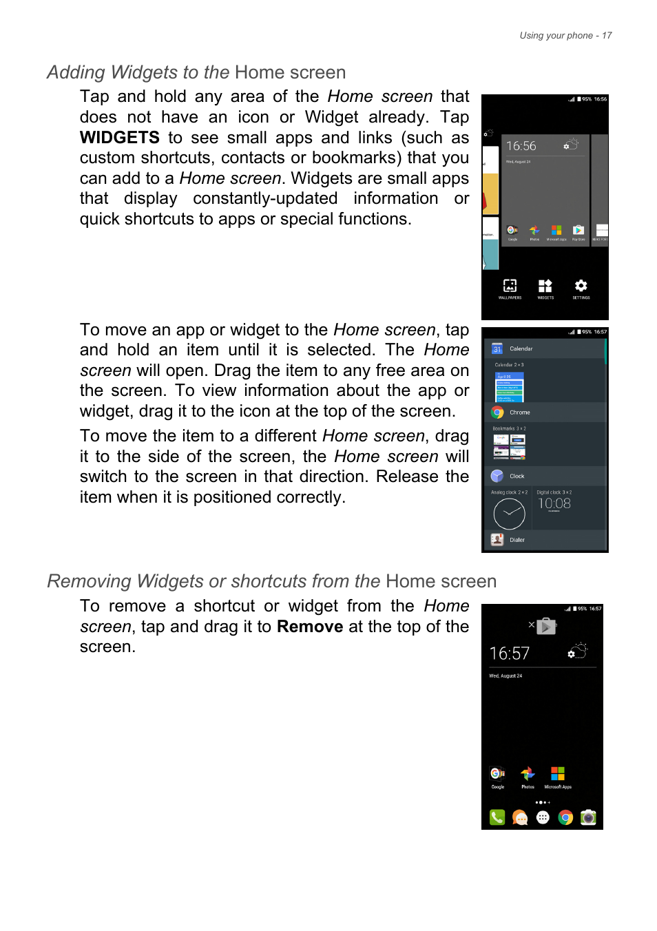 Adding widgets to the home screen, Removing widgets or shortcuts from the home screen | Acer Liquid Z6 User Manual | Page 17 / 66