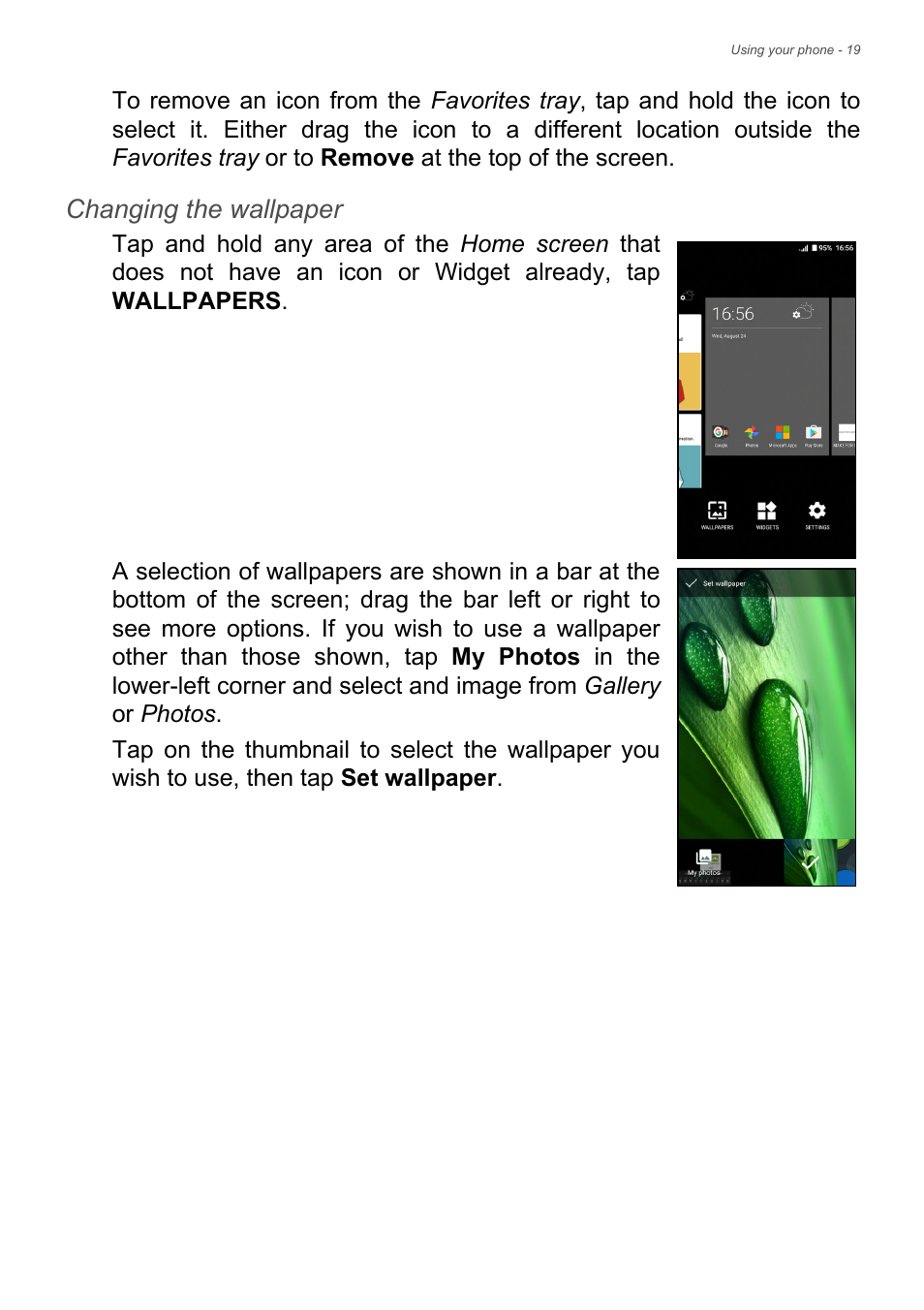 Changing the wallpaper | Acer Liquid Z6 User Manual | Page 19 / 66