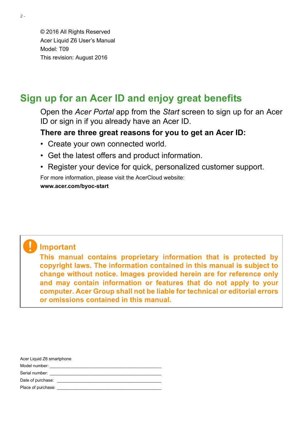 Sign up for an acer id and enjoy great benefits, Important | Acer Liquid Z6 User Manual | Page 2 / 66