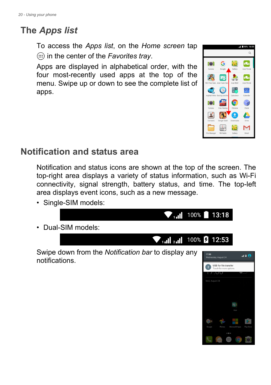 The apps list, Notification and status area, The apps list notification and status area | Acer Liquid Z6 User Manual | Page 20 / 66