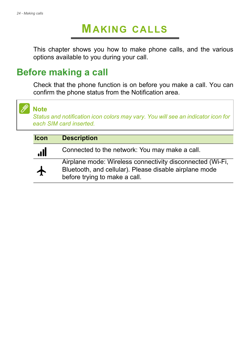 Making calls, Before making a call, Aking | Calls | Acer Liquid Z6 User Manual | Page 24 / 66