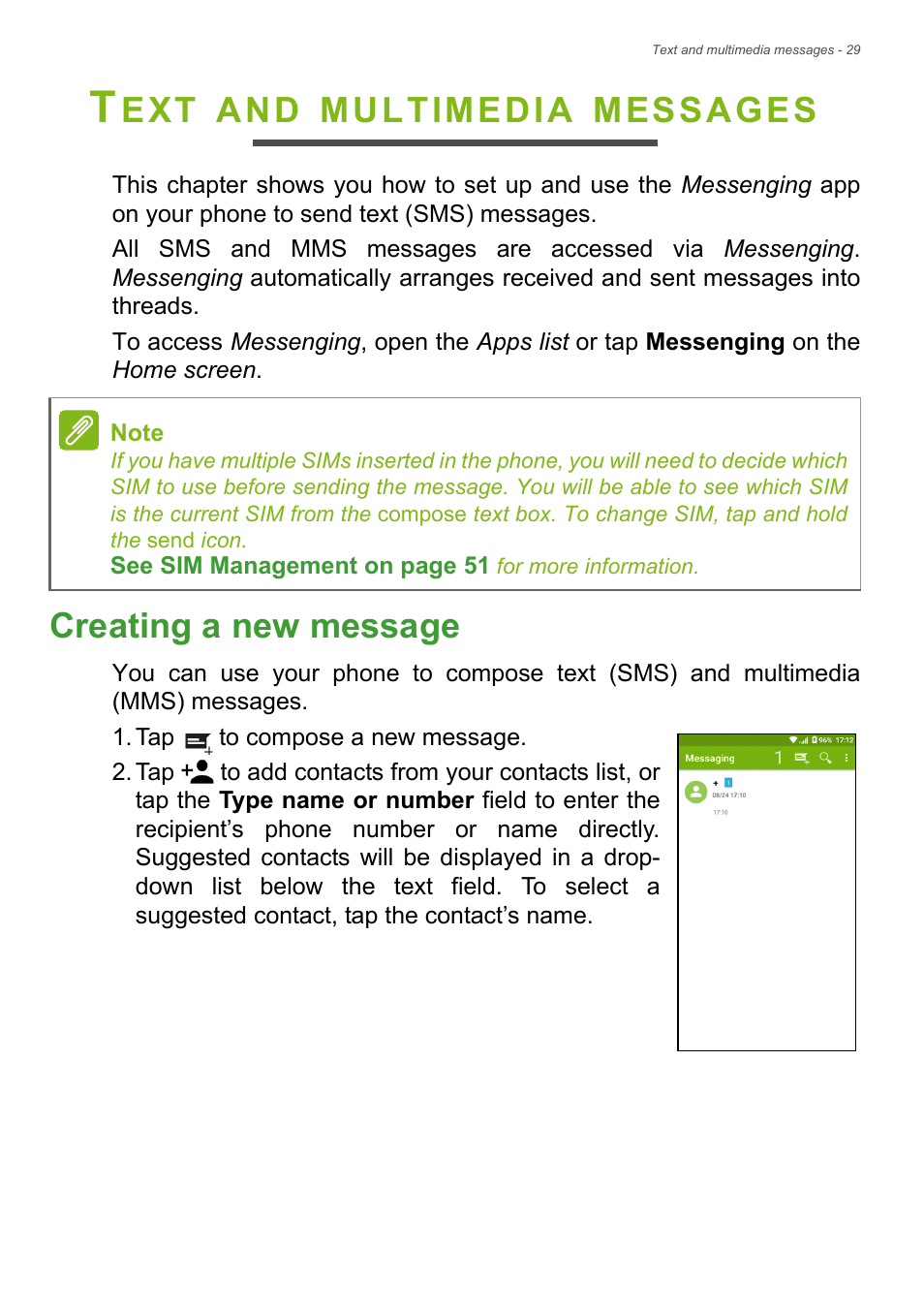 Text and multimedia messages, Creating a new message, Multimedia | Messages | Acer Liquid Z6 User Manual | Page 29 / 66