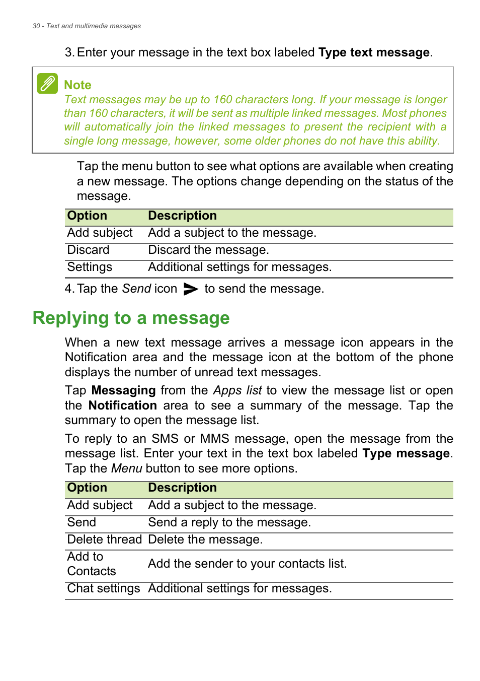 Replying to a message | Acer Liquid Z6 User Manual | Page 30 / 66