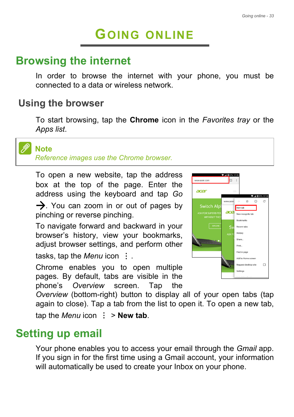 Going online, Browsing the internet, Using the browser | Setting up email, See going online on, Oing, Online browsing the internet | Acer Liquid Z6 User Manual | Page 33 / 66