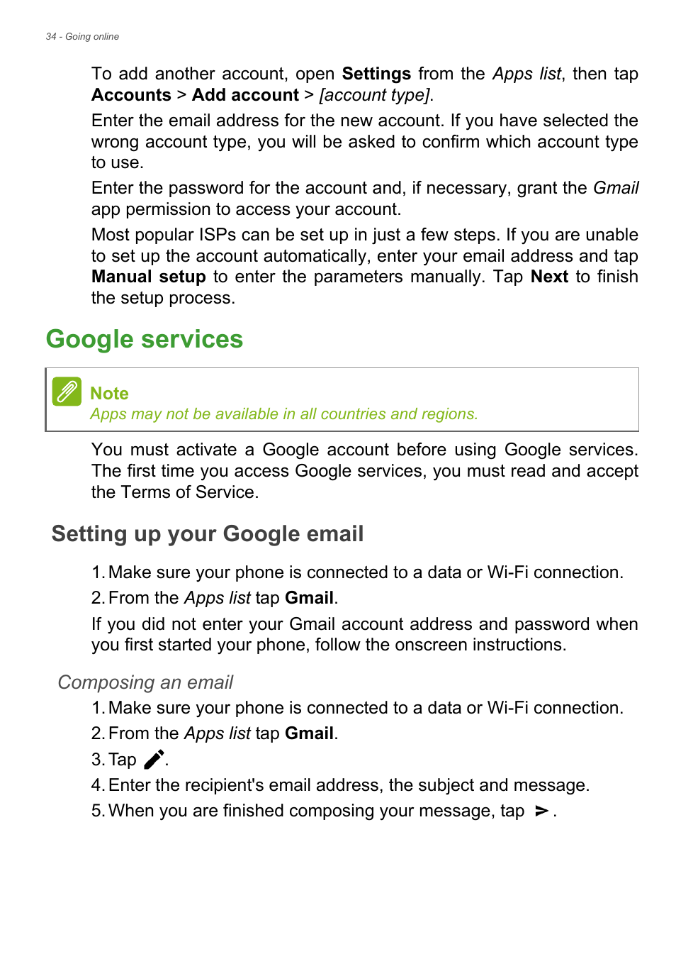 Google services, Setting up your google email | Acer Liquid Z6 User Manual | Page 34 / 66