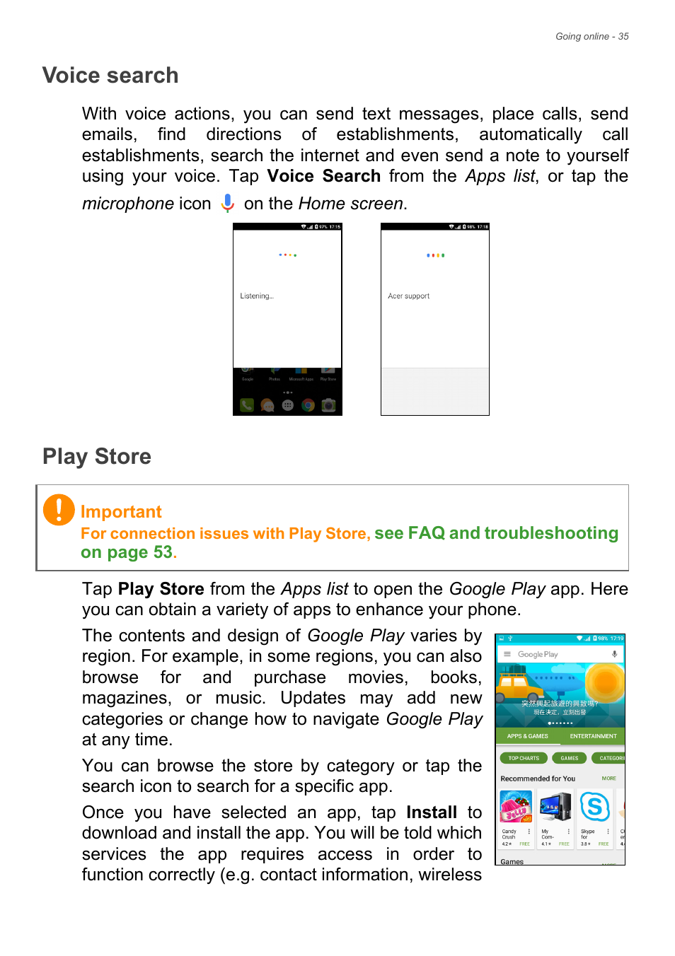 Voice search, Play store, Voice search play store | Acer Liquid Z6 User Manual | Page 35 / 66