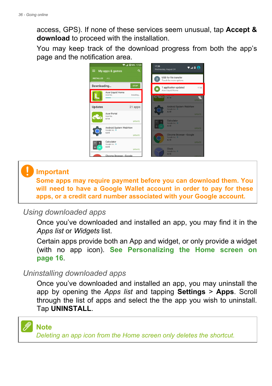 Using downloaded apps, Uninstalling downloaded apps | Acer Liquid Z6 User Manual | Page 36 / 66