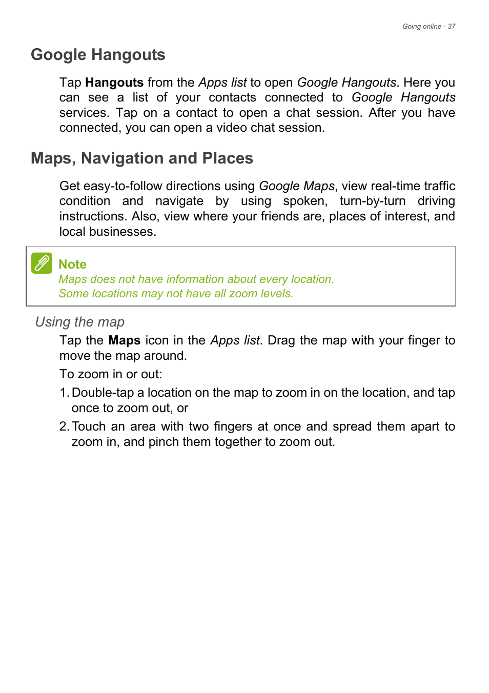 Google hangouts, Maps, navigation and places, Google hangouts maps, navigation and places | Acer Liquid Z6 User Manual | Page 37 / 66