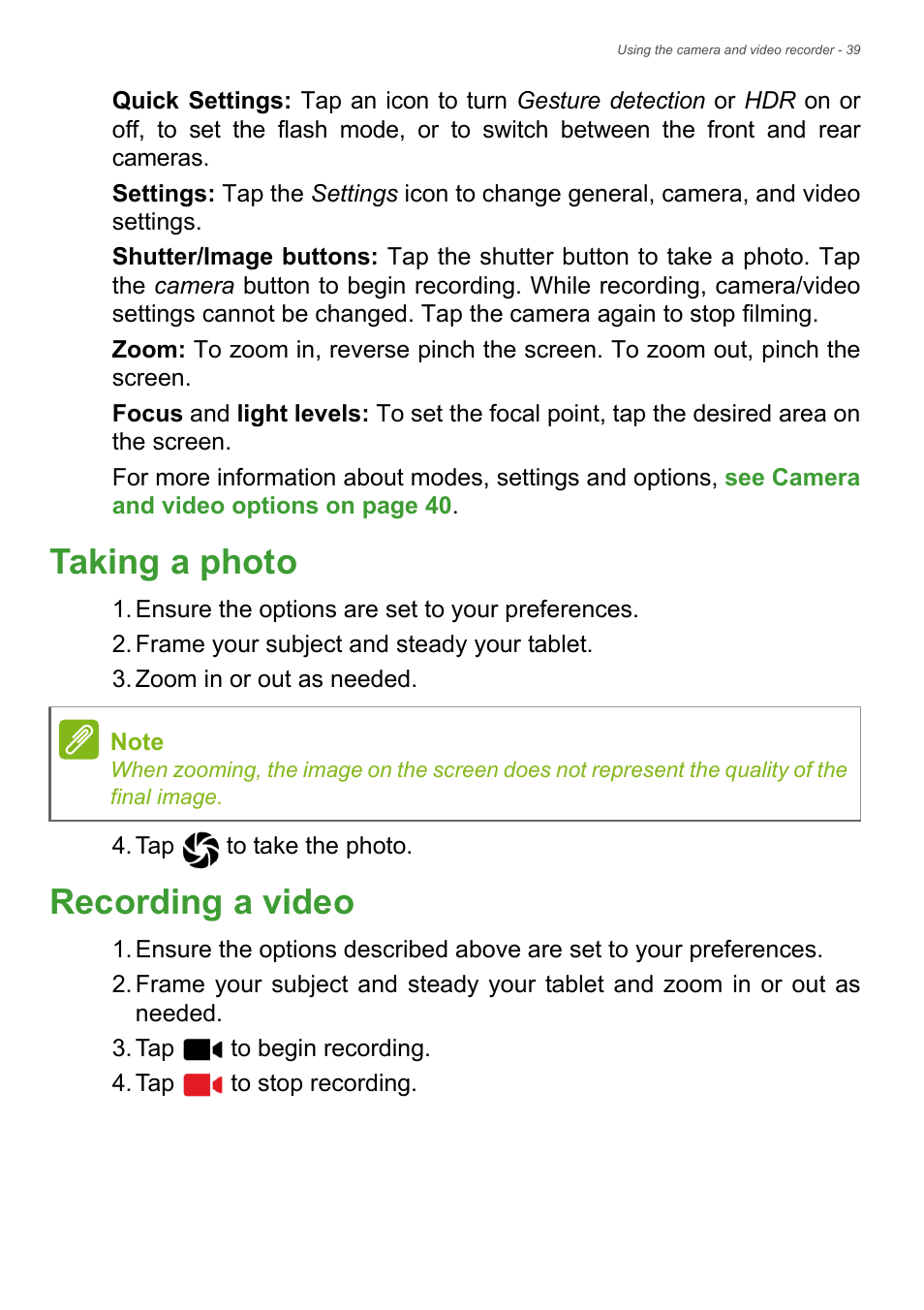 Taking a photo, Recording a video, Taking a photo recording a video | Acer Liquid Z6 User Manual | Page 39 / 66