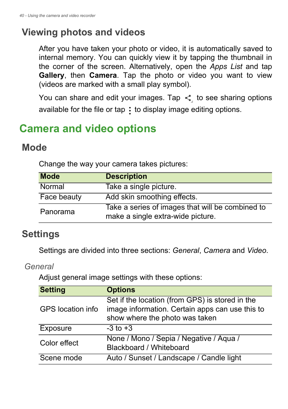 Viewing photos and videos, Camera and video options, Mode | Settings, Mode settings, See camera | Acer Liquid Z6 User Manual | Page 40 / 66