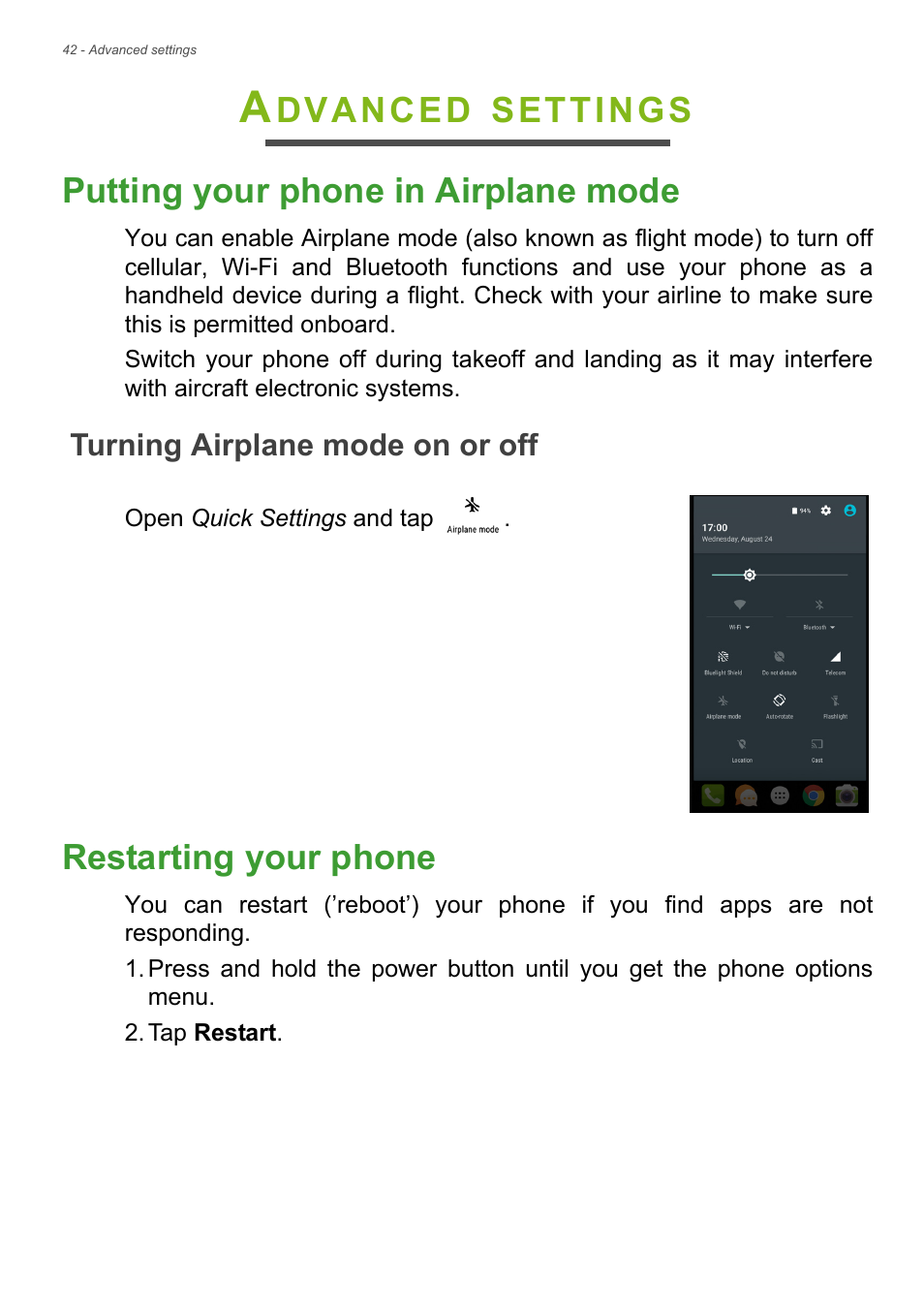 Advanced settings, Putting your phone in airplane mode, Turning airplane mode on or off | Restarting your phone, Dvanced, Settings putting your phone in airplane mode | Acer Liquid Z6 User Manual | Page 42 / 66