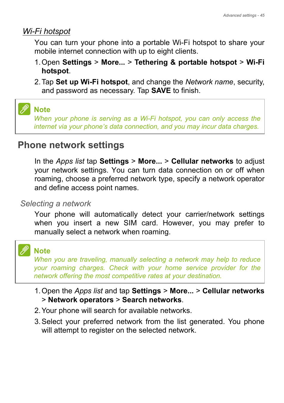 Phone network settings | Acer Liquid Z6 User Manual | Page 45 / 66