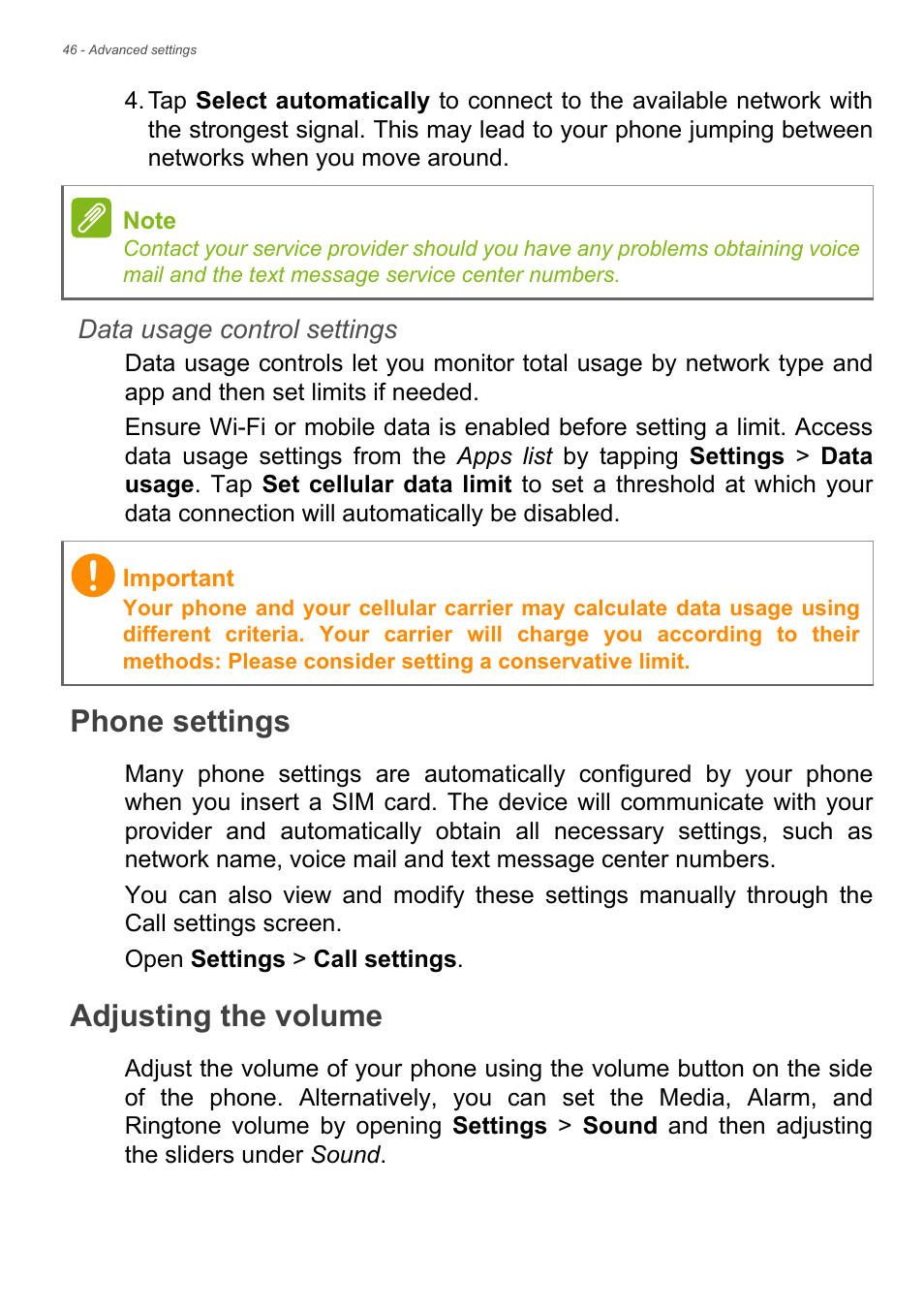 Phone settings, Adjusting the volume, Phone settings adjusting the volume | Acer Liquid Z6 User Manual | Page 46 / 66