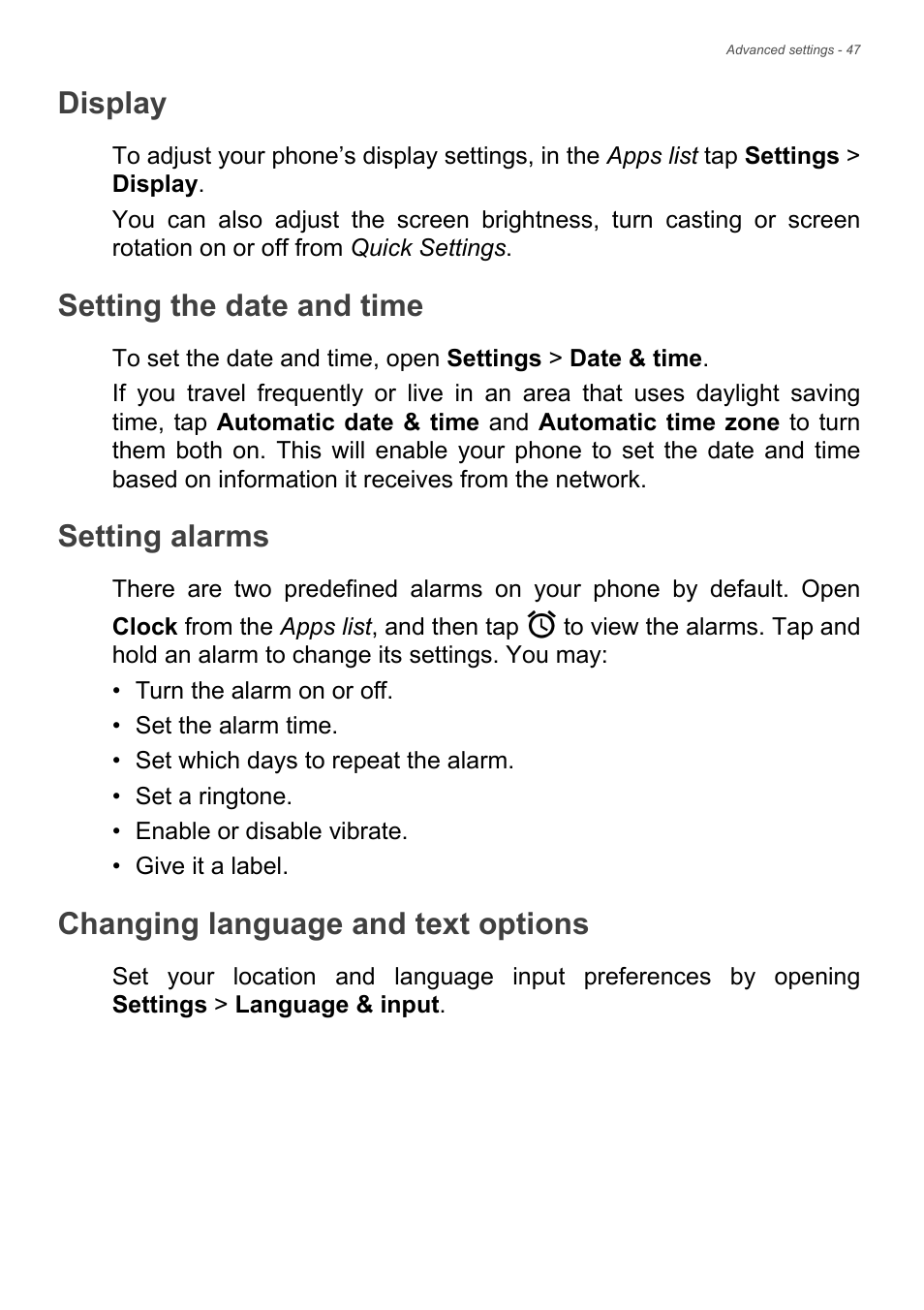 Display, Setting the date and time, Setting alarms | Changing language and text options | Acer Liquid Z6 User Manual | Page 47 / 66