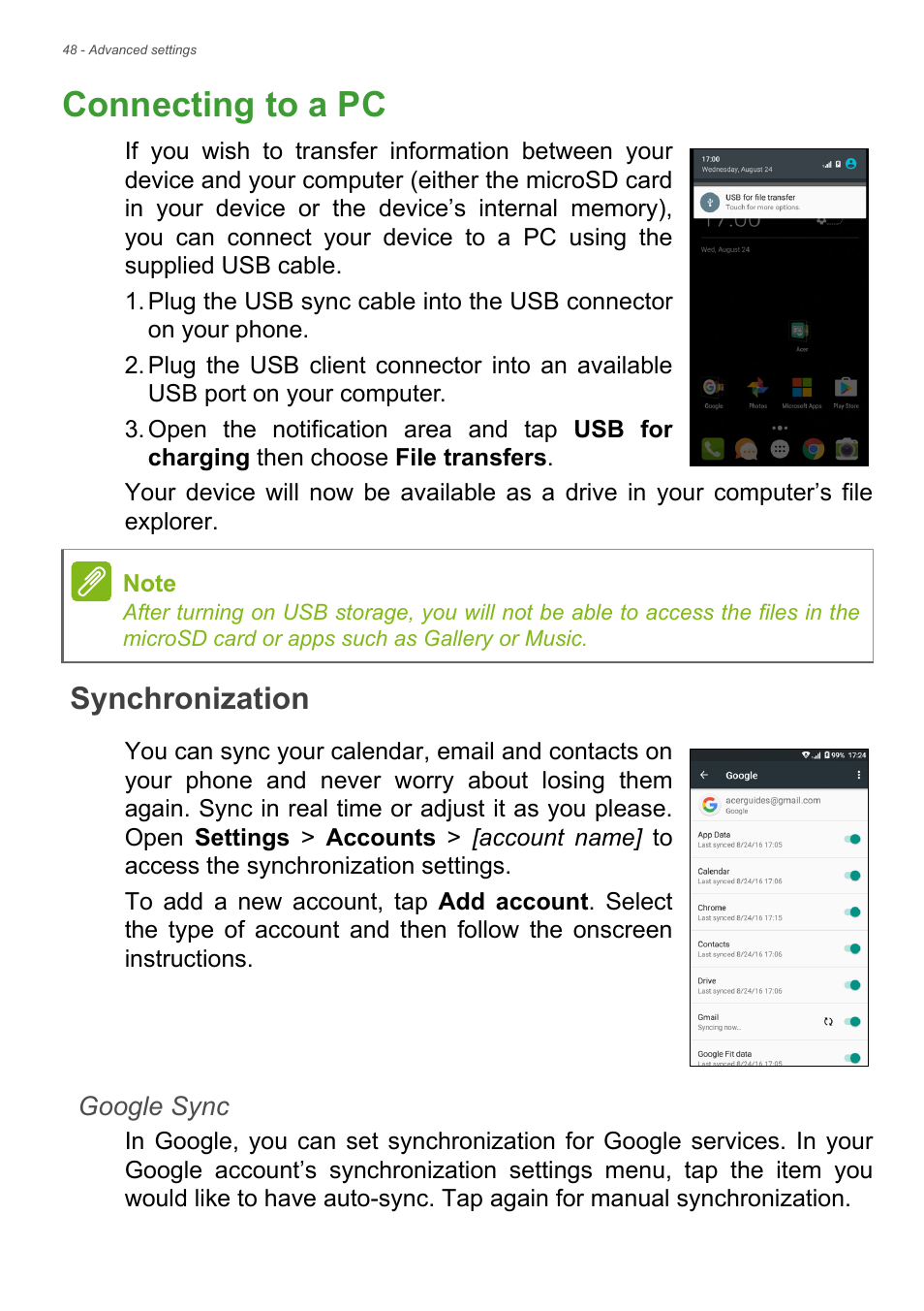 Connecting to a pc, Synchronization | Acer Liquid Z6 User Manual | Page 48 / 66