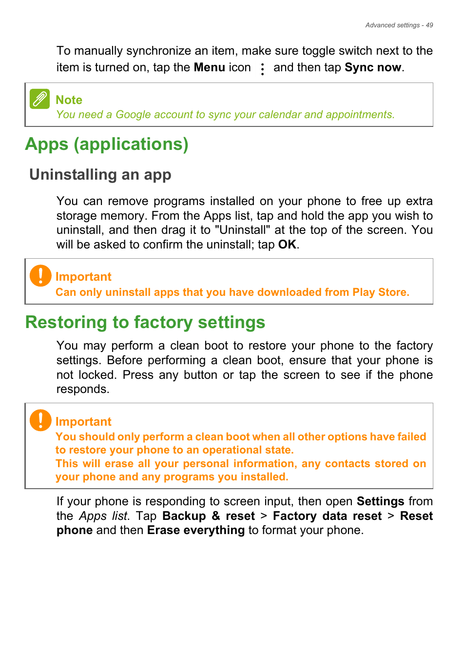 Apps (applications), Uninstalling an app, Restoring to factory settings | Acer Liquid Z6 User Manual | Page 49 / 66