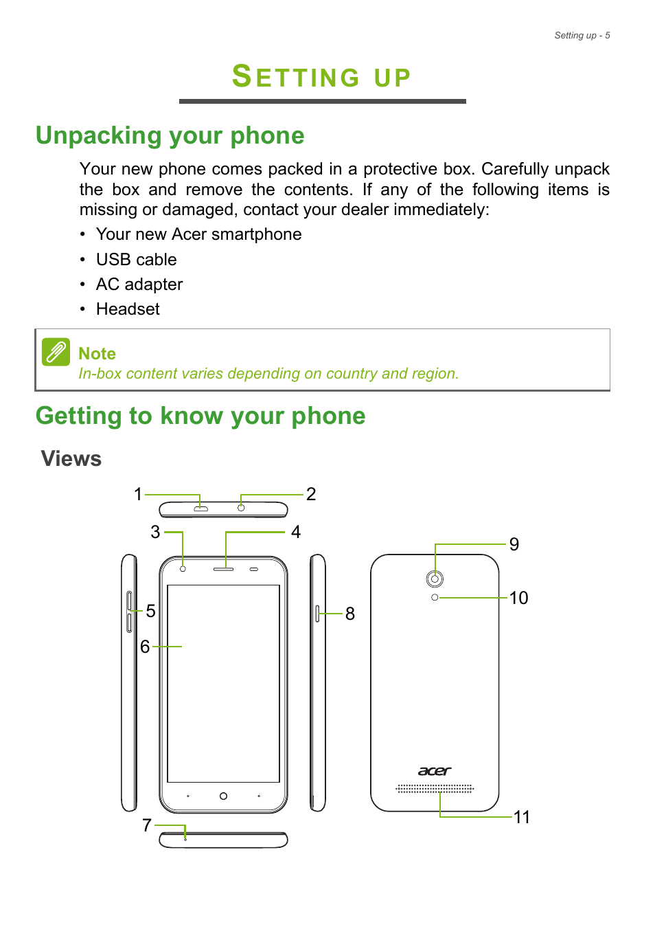 Setting up, Unpacking your phone, Getting to know your phone | Views, Unpacking your phone getting to know your phone, Etting, Up unpacking your phone | Acer Liquid Z6 User Manual | Page 5 / 66