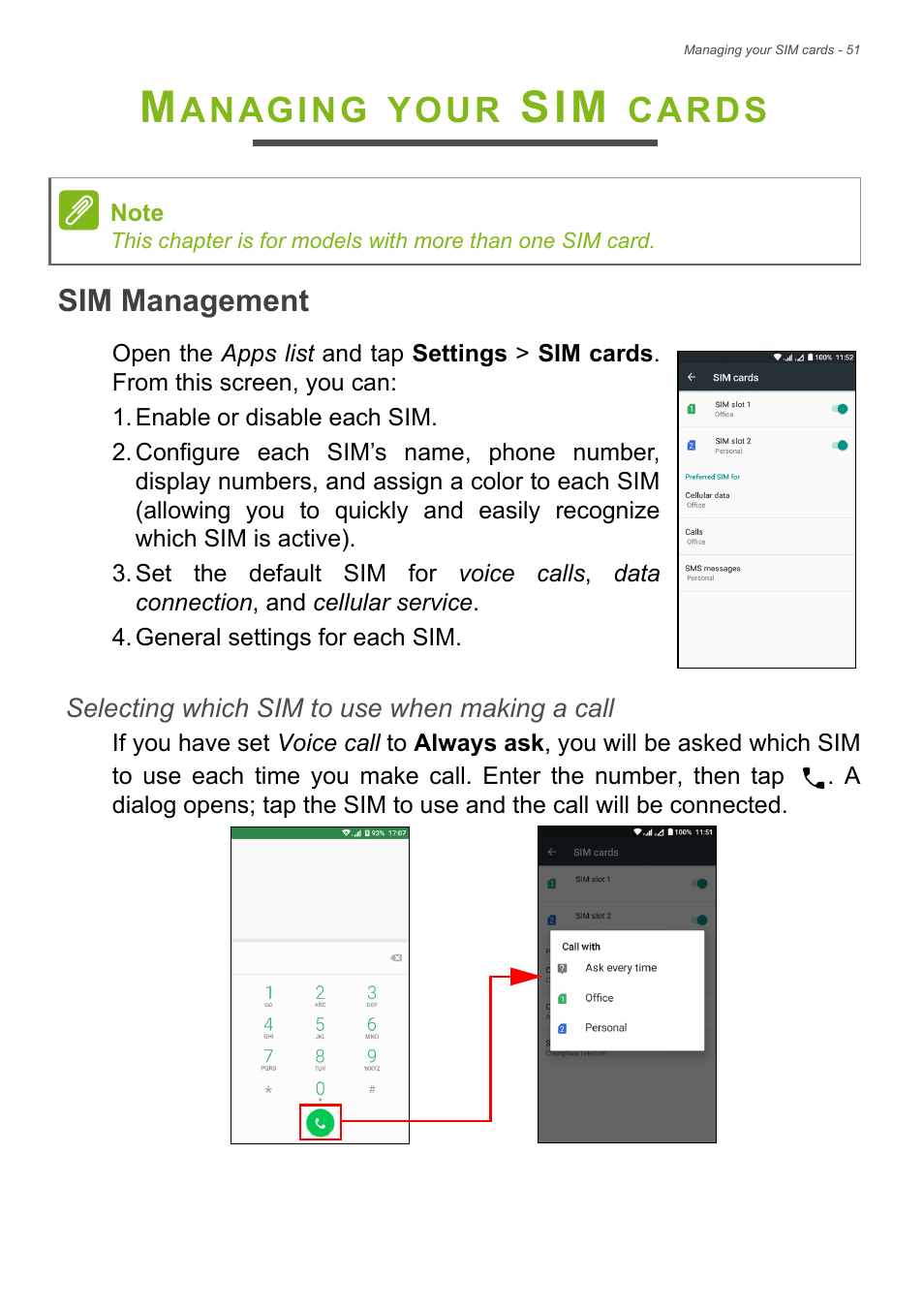 Managing your sim cards, Sim management, Anaging | Your, Cards | Acer Liquid Z6 User Manual | Page 51 / 66