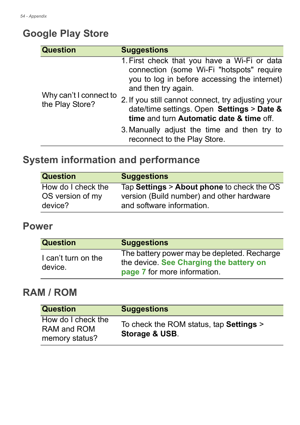 Google play store, System information and performance, Power | Ram / rom | Acer Liquid Z6 User Manual | Page 54 / 66