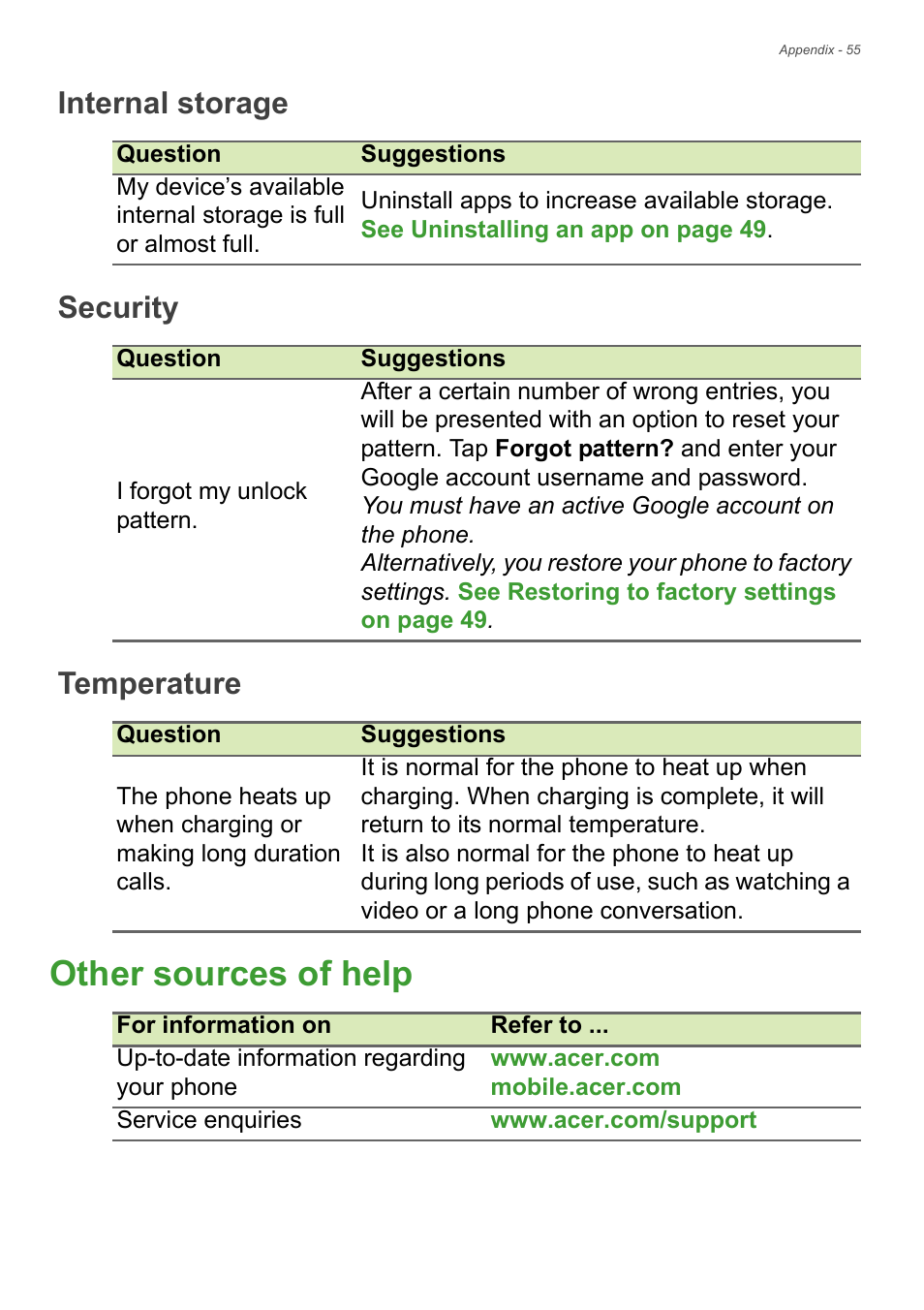 Internal storage, Security, Temperature | Other sources of help, Security temperature | Acer Liquid Z6 User Manual | Page 55 / 66