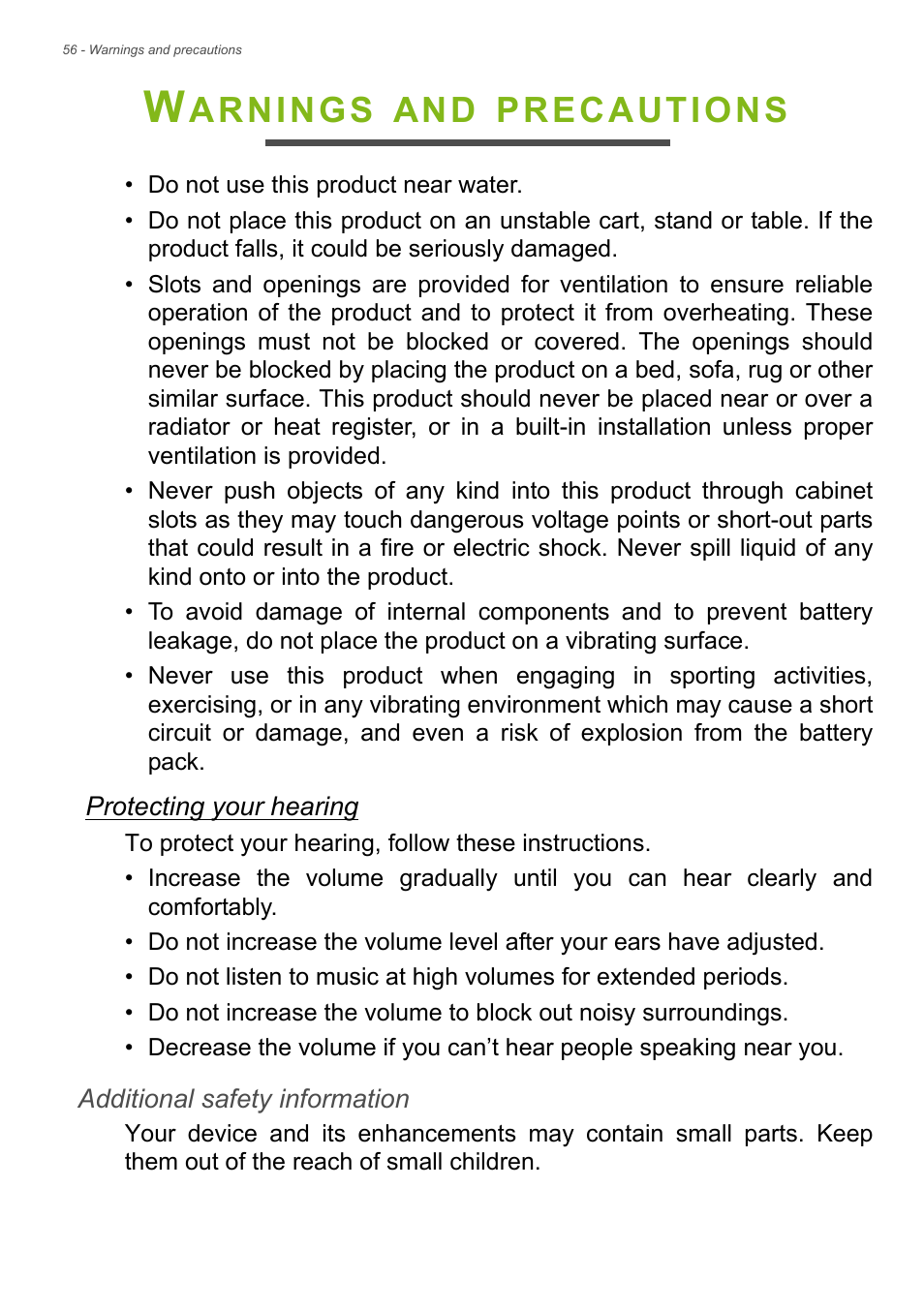 Warnings and precautions, Arnings, Precautions | Acer Liquid Z6 User Manual | Page 56 / 66