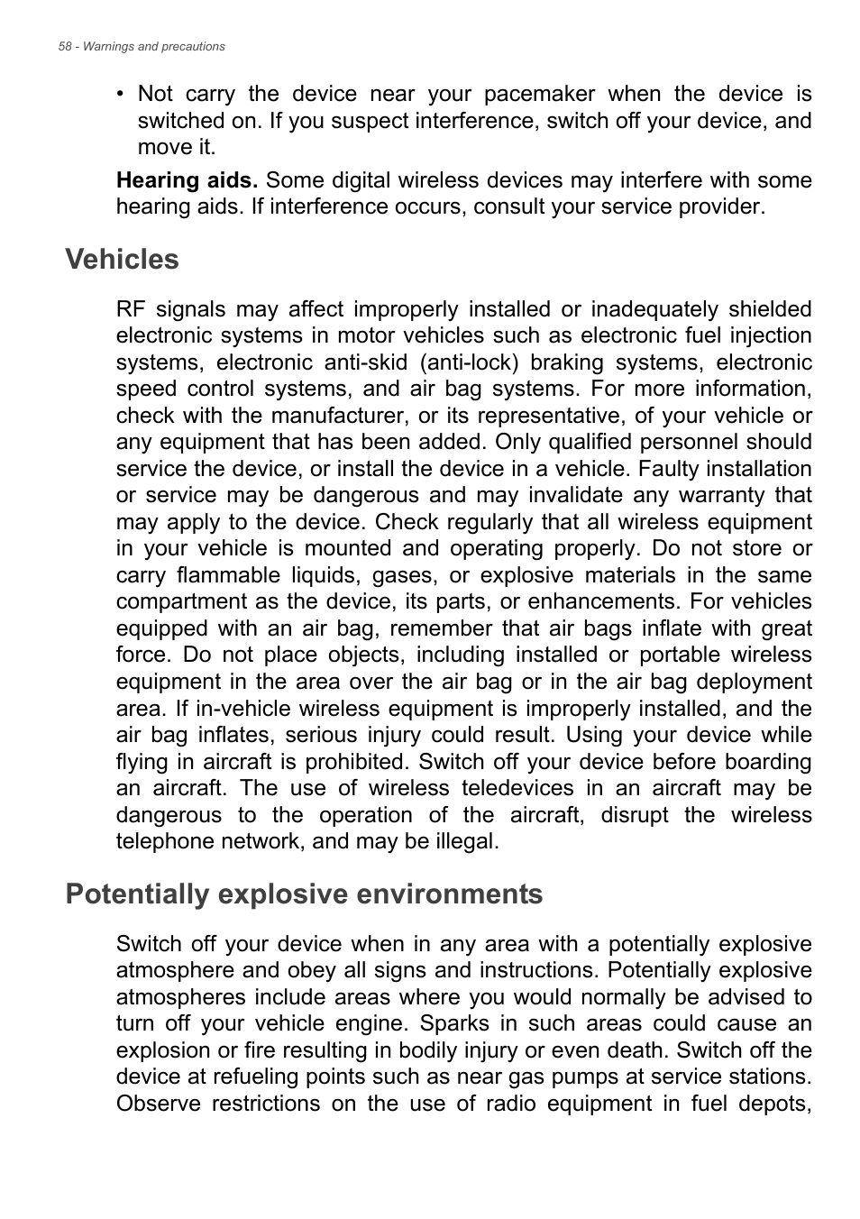 Vehicles, Potentially explosive environments, Vehicles potentially explosive environments | Acer Liquid Z6 User Manual | Page 58 / 66