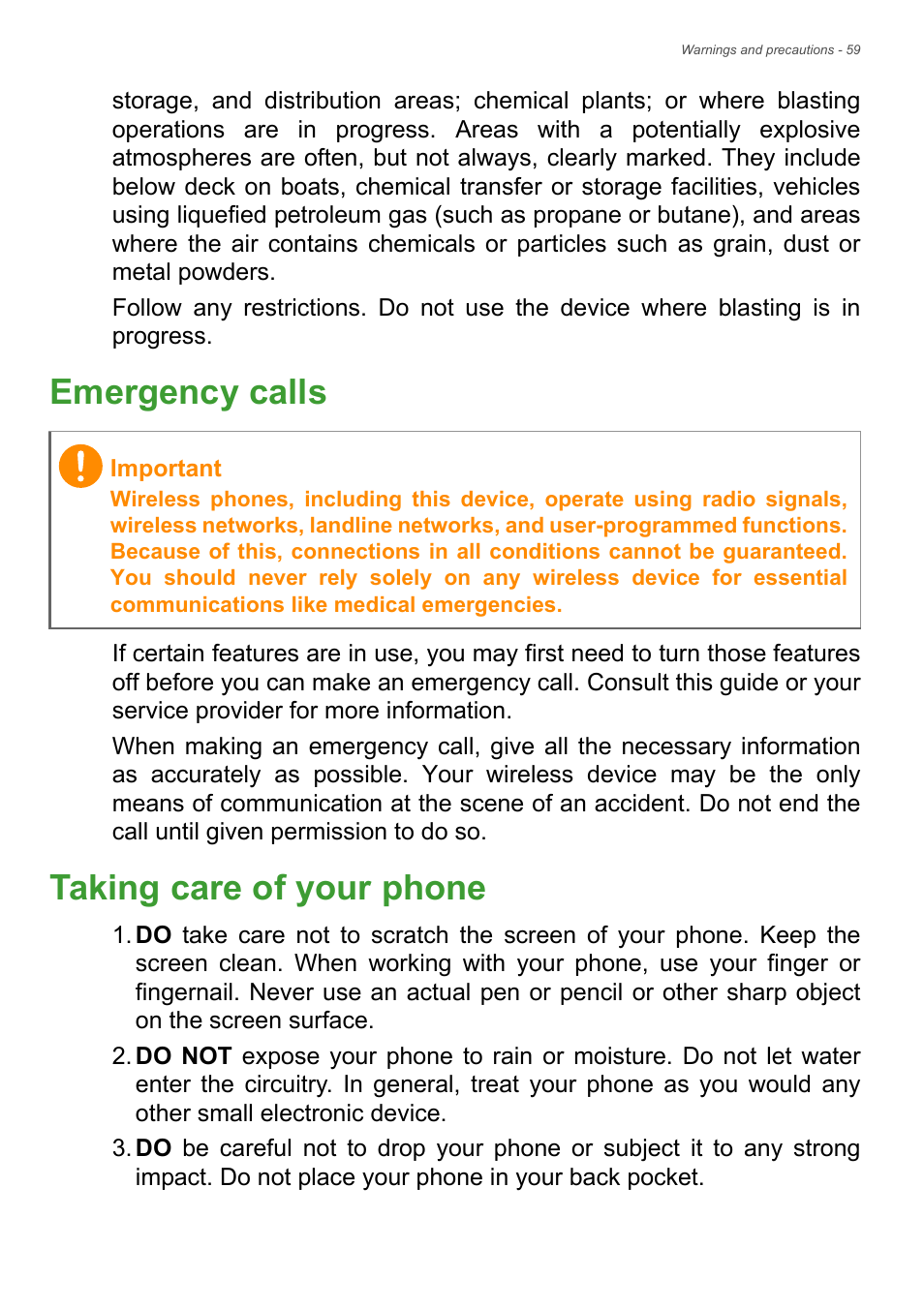 Emergency calls, Taking care of your phone, Emergency calls taking care of your phone | Acer Liquid Z6 User Manual | Page 59 / 66