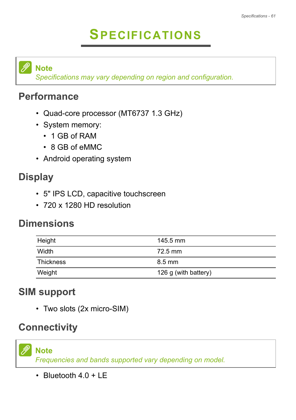Specifications, Performance, Display | Dimensions, Sim support, Connectivity, See sim support, Pecifications, Dimensions sim support | Acer Liquid Z6 User Manual | Page 61 / 66