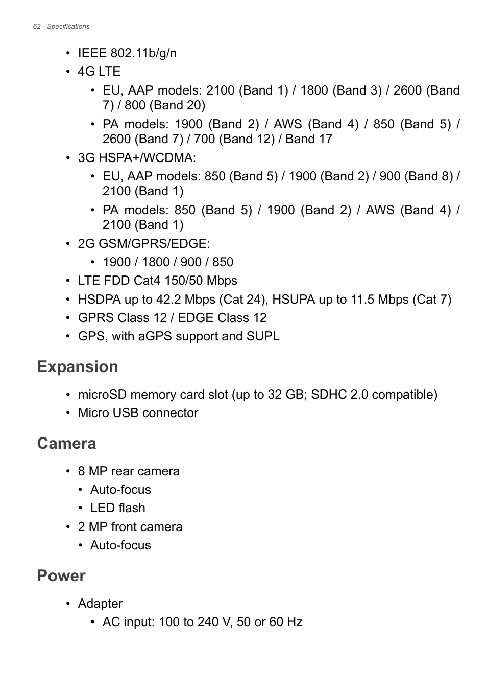 Expansion, Camera, Power | Expansion camera power | Acer Liquid Z6 User Manual | Page 62 / 66