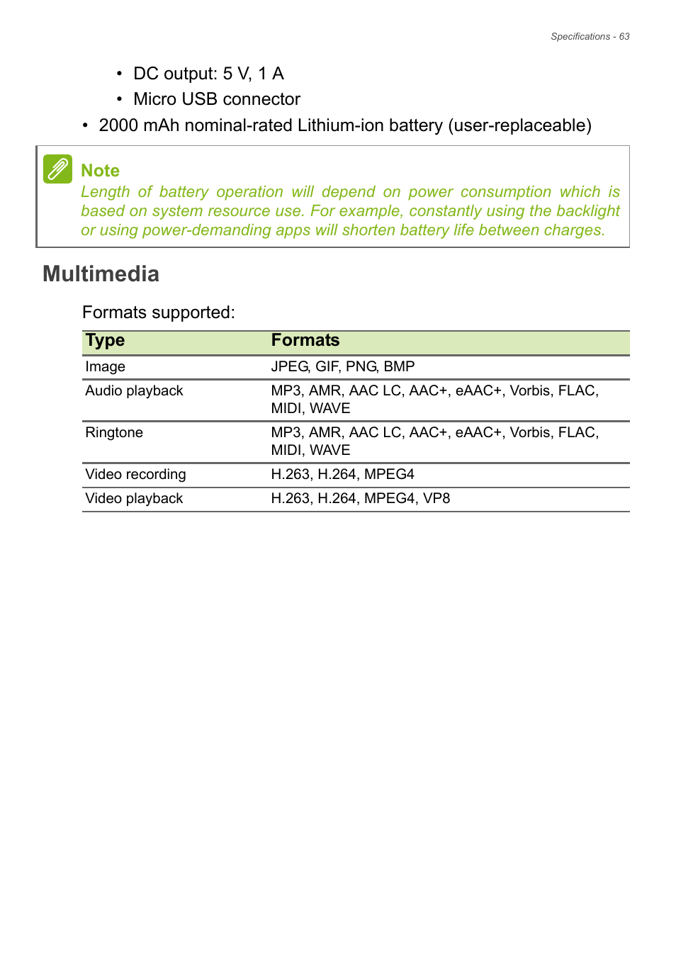 Multimedia | Acer Liquid Z6 User Manual | Page 63 / 66