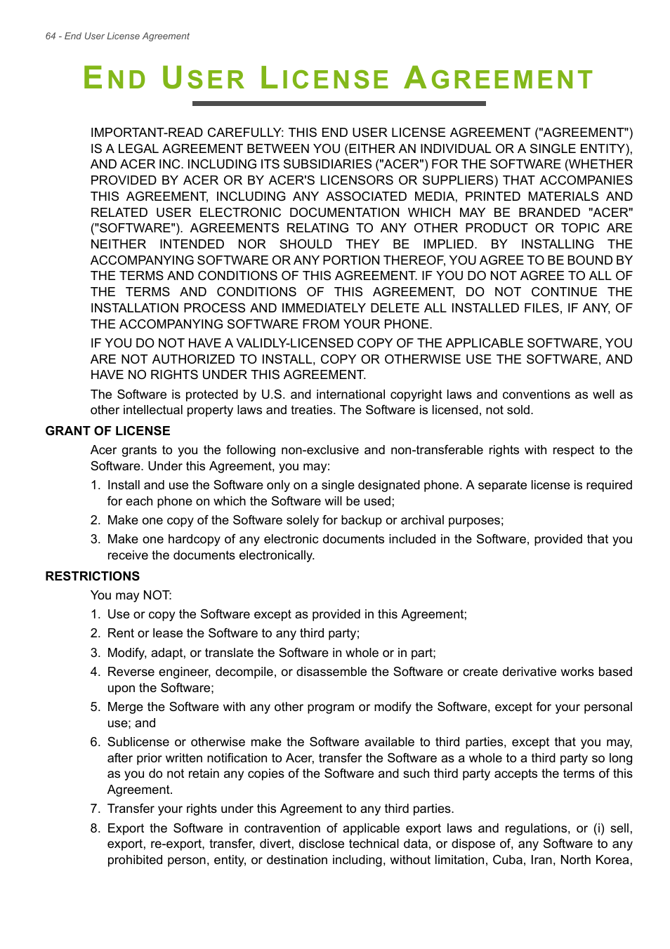 End user license agreement, Icense, Greement | Acer Liquid Z6 User Manual | Page 64 / 66