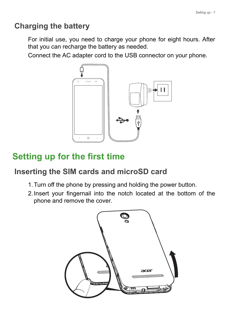 Charging the battery, Setting up for the first time, Inserting the sim cards and microsd card | Acer Liquid Z6 User Manual | Page 7 / 66