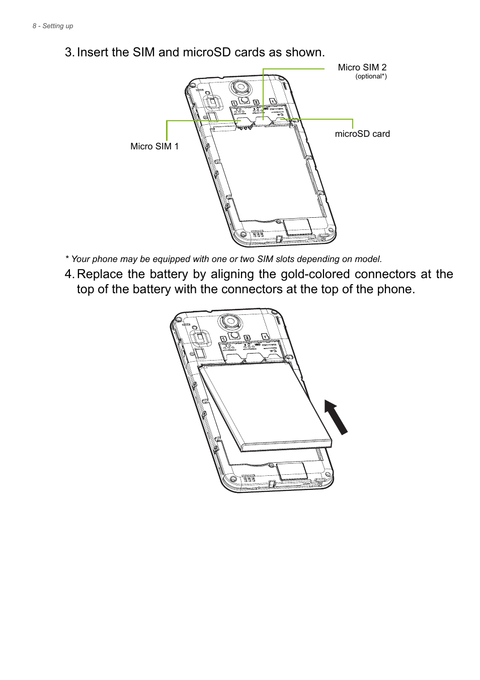 Insert the sim and microsd cards as shown | Acer Liquid Z6 User Manual | Page 8 / 66